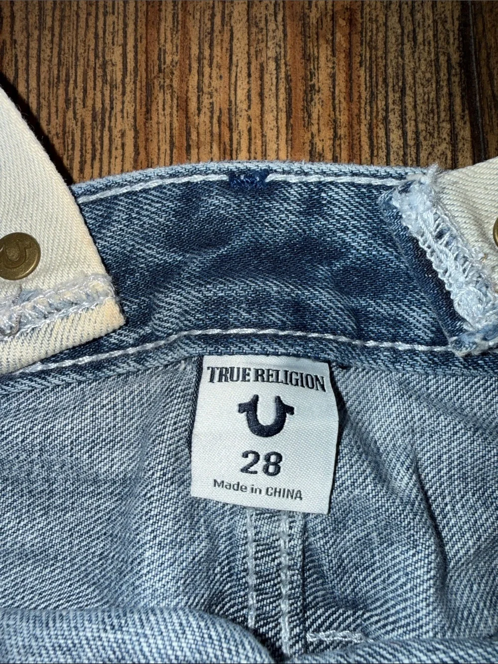 True Religion Two-Tone White Beige and Dark Blue Denim Short Overalls